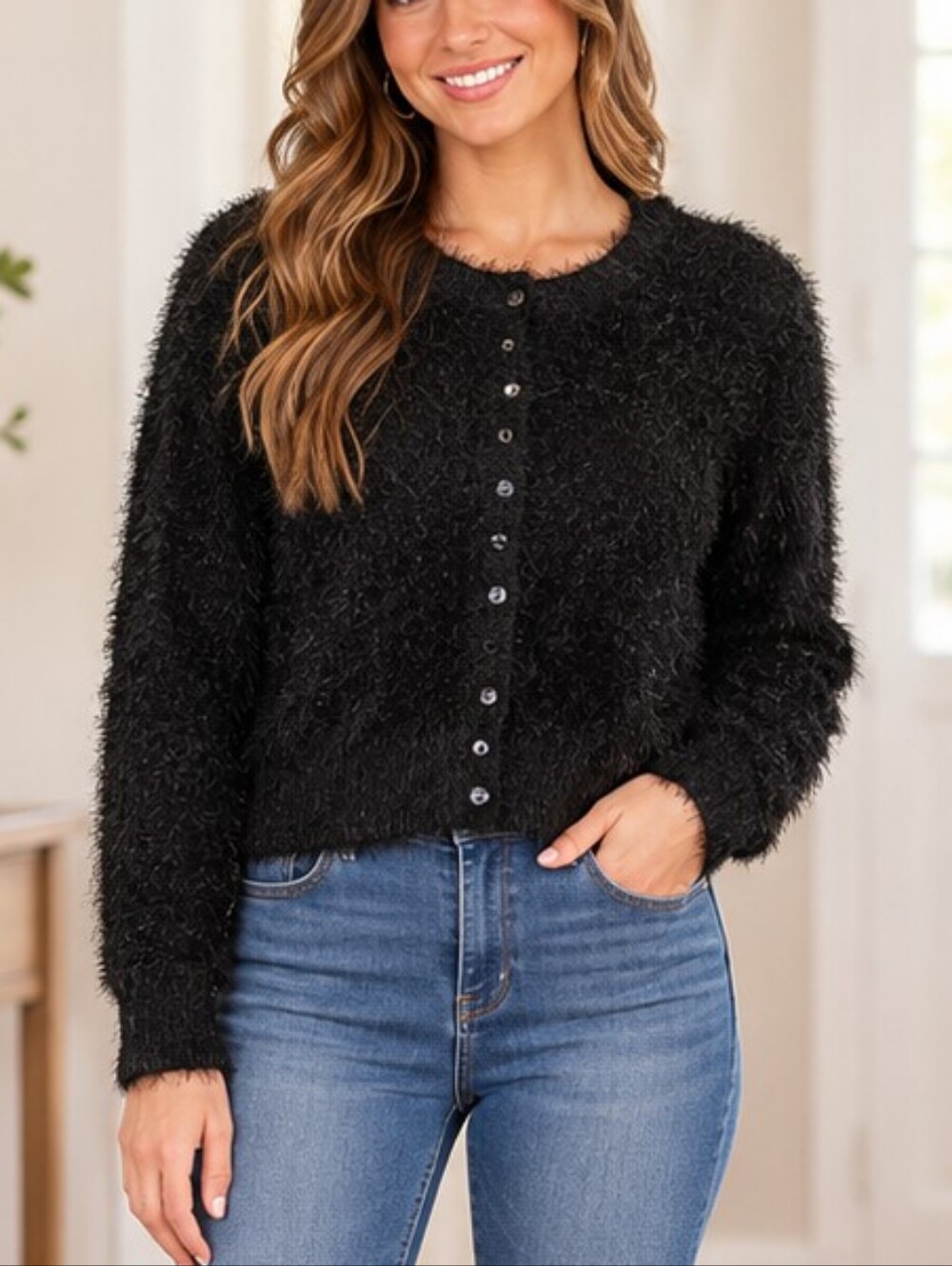 A New Day Black Fuzzy Button-Front Cardigan Sweater – Size Large NWT